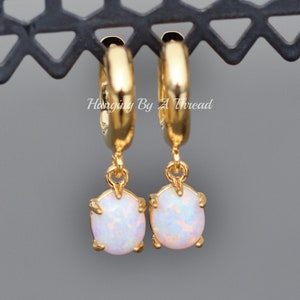 Small White Opal Hoop Earrings,Bold Thick Gold Huggie Hoops,Rainbow Opal Gemstone,Birthstone,Gift For Her,Cartilage,Pastel,Clicker