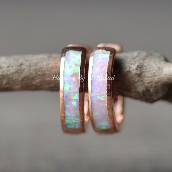 NEW Tiny Pink Opal Hoop Earrings,Rose Gold Huggie Hoop,Pink Lab Created Opal Gemstone,Hinged Gemstone Hoop,Pastel Rainbow Opal,Inlaid Inlay