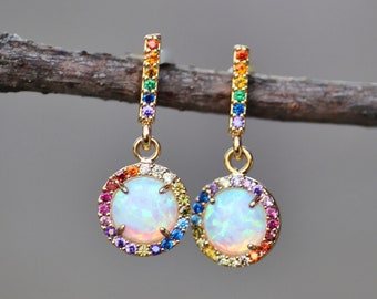 White Lab Created Opal Rainbow Small Earrings,Rainbow Jewel Toned Opal Drop,Stud Post,Gold Stick Earring,Lab Created White Opal Gemstone