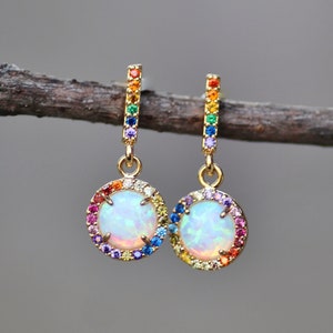 White Lab Created Opal Rainbow Small Earrings,Rainbow Jewel Toned Opal Drop,Stud Post,Gold Stick Earring,Lab Created White Opal Gemstone
