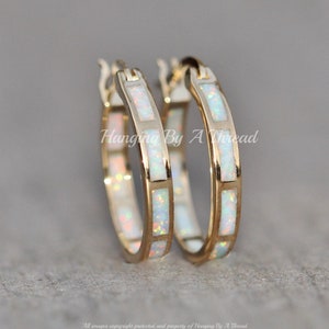 LIMITED STOCK White Opal Hoop Earrings,Lab Created Opal Endless Hoop,Gold Small Hoop Earrings,Lab Created Opal,White Rainbow,Yellow Gold