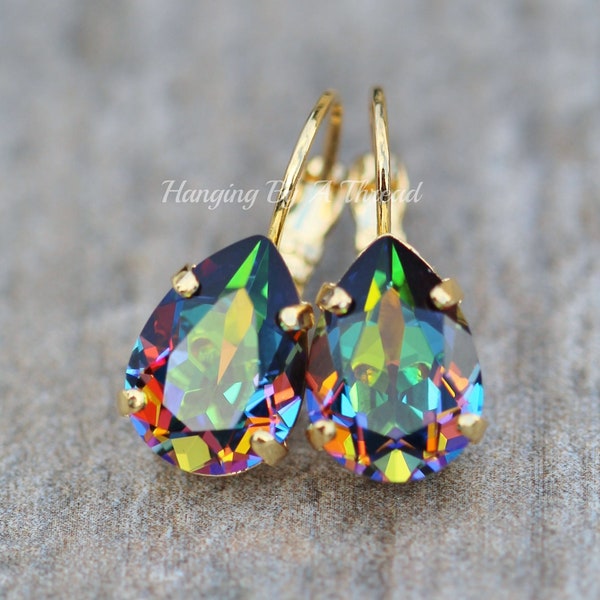 Dark Jewel Toned Rainbow Pear Teardrop Earrings,Crystal Rhinestone Drop,Vitrail Medium Dangle,Lever Back,Antique Brass,Small Pear Earring