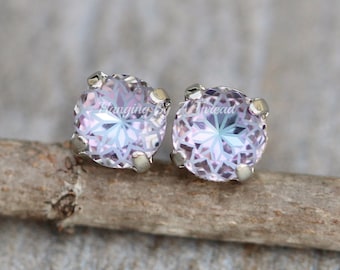 LIMITED Crystal Lotus Flower Vitrail Light Stud Earrings,Small 8mm Studs,Pastel Purple Rainbow,Post,Rhinestone,Bridal,Medallion,Filigree