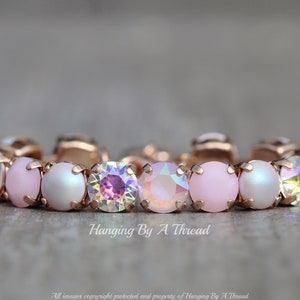 NUEVA pulsera Dreamy Powder Pink, pulsera de perlas y cristales Swarovski en rosa pastel brillante, pulsera de tenis de 8 mm, apilable, en capas, regalo, rubor
