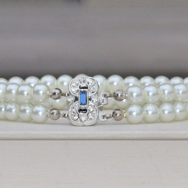 1920s Art Deco Pearl Bracelet,Sapphire Navy Blue Faux Pearl Bracelet,Silver Paste Rhinestone Clasp,Double Two Strand Pearl Cuff,White,Bridal