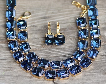 NEW Swarovski Navy Blue Octagon Tennis Set,Matching Necklace,Bracelet & Earring Set,Navy Blue,Rectangle,Emerald Cut Jewel,Gold,Bride