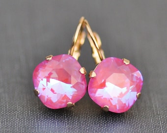 NEW COLOR Lotus Pink De Lite Cushion Earrings,Swarovski Crystal Cushion Drop,Gold Lever Back,Pink Coral Crystal,Drop Dangle,Rhinestone,Gift