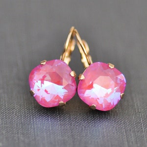 NEW COLOR Lotus Pink De Lite Cushion Earrings,Swarovski Crystal Cushion Drop,Gold Lever Back,Pink Coral Crystal,Drop Dangle,Rhinestone,Gift