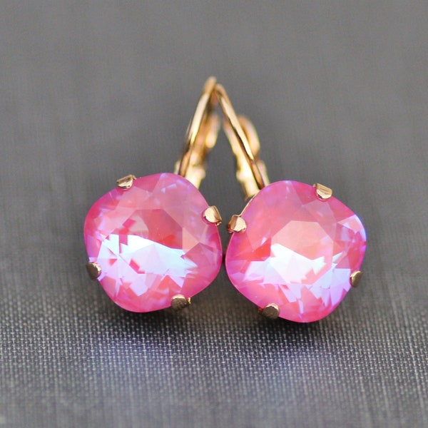 NEW COLOR Lotus Pink De Lite Cushion Earrings,Swarovski Crystal Cushion Drop,Gold Lever Back,Pink Coral Crystal,Drop Dangle,Rhinestone,Gift