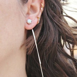 Tiny White Opal Gemstone Silver Threader Earrings,White Opal Stud Post,Long Silver Snake Chain,Front Back Earrings,Long Chain,Minimal,Gift