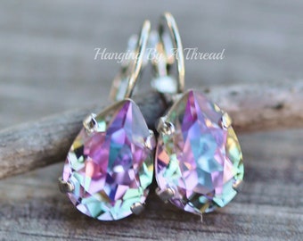 VERY RARE Small Vitrail Light Pear Teardrop Lever Back Earring,Pastel Purple Rainbow,Rare Size,Gold Or Silver Drop,Bridal Bridesmaid Wedding