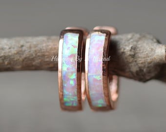 NEW Tiny Pink Opal Hoop Earrings,Rose Gold Huggie Hoop,Pink Lab Created Opal Gemstone,Hinged Gemstone Hoop,Pastel Rainbow Opal,Inlaid Inlay