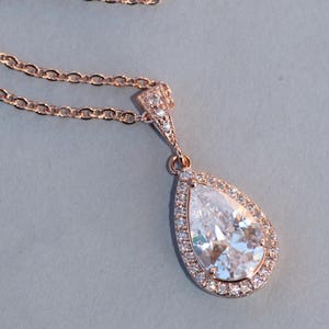 Rose Gold CZ Pendant Necklace,Bridal Necklace,Pear Teardrop,Halo Style Rose Gold Necklace,Rose Gold Bride,Clear Diamond,Delicate,Gift,Dainty