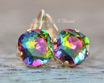 Pendientes de cojín mediano Vitrail de cristal Swarovski LIMITADOS, gota trasera de palanca de cojín de arco iris oscuro, pedrería de cristal, sandía, elegir acabado