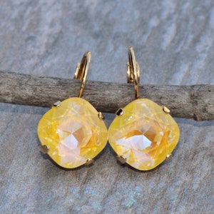 Sunshine De Lite Crystal Earrings,Sunny Yellow Cushion Drop Earring,Swarovski Crystal Drop,Gold Lever Back,De Lite Crystal,Gift