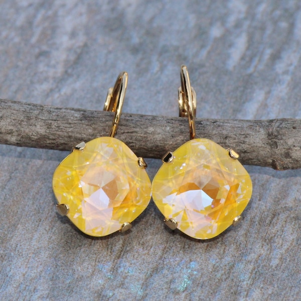 Boucles d'oreilles en cristal Sunshine De Lite, pendants d'oreilles coussin jaune ensoleillé, gouttes en cristal de Swarovski, dos levier en or, cristal De Lite, cadeau