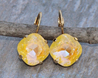 Sunshine De Lite Crystal Earrings,Sunny Yellow Cushion Drop Earring,Swarovski Crystal Drop,Gold Lever Back,De Lite Crystal,Gift