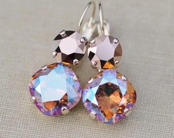 LAST 1s Light Colordao Topaz Shimmer Rose Gold Earring,Mixed Crystal Cluster Drop,Cushion Lever Back Jewel,Rose Gold Earring,Topaz,Champagne