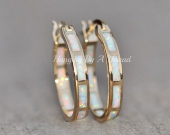 LIMITED STOCK White Opal Hoop Earrings,Lab Created Opal Endless Hoop,Gold Small Hoop Earrings,Lab Created Opal,White Rainbow,Yellow Gold