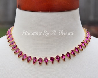 LIMITED Fuchsia Pink Crystal Necklace,Unique Pear Teardrop Crystal Rhinestone Tennis Necklace,Gold,Bright Pink Crystal,Formal,Gift For Her