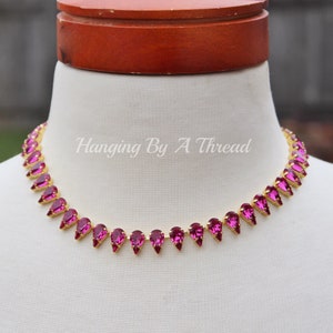 LIMITED Fuchsia Pink Crystal Necklace,Unique Pear Teardrop Crystal Rhinestone Tennis Necklace,Gold,Bright Pink Crystal,Formal,Gift For Her