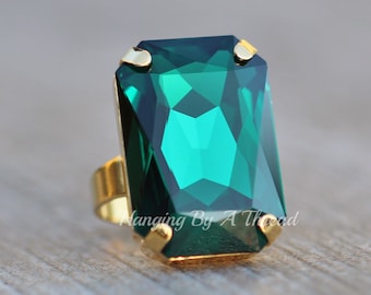 Großer Smaragd Grüner Kristall Statement Ring, großer Swarovski Kristall Achteck Ring, verstellbarer Goldbandring, Brautschmuck, Hochzeiten, dunkelgrün, Geschenk