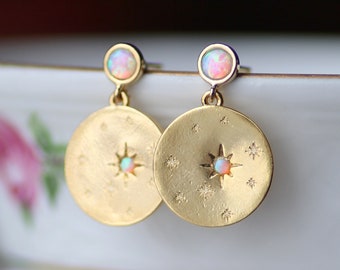 NEW Tiny Opal Celestial Earrings,Small Stud Post,Star Earrings,Round Golden Disc,White Lab Created Opal Gemstone,Dangle Drop,Birthstone,Gift