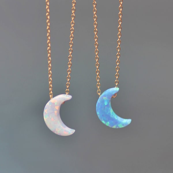 NEW Small Crescent Opal Moon Necklace,Small Opal Moon Pendant,Sterling Silver or 14K Yellow Gold,Blue Opal,White Opal,Lab Created Opal Gem