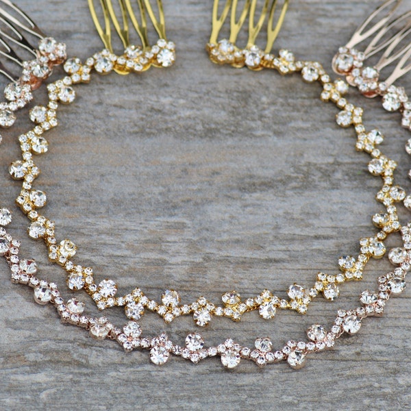 DAINTY Gold/Rose Gold Crystal Clear Rhinestone Hair Chain,Bridal Back Headpiece,Crystal Rhinestone,Delicate Hair Comb Pair,Wedding,Headpiece