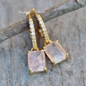 Rose Quartz Hoop Earrings,Small Pink Gemstone Huggie Hoop,Gold Pave Paved Hoop,Rectangle Emerald Cut,Gold Hoop Earrings,Minimalist,Gift