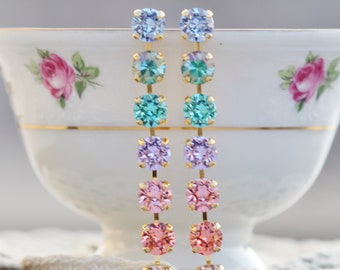 Sorbet Ombre Crystal Long Earrings,Pastel Soft Colorful,Swarovski Crystal 8mm Drop Earrings,Staement,Peach,Pink,Blue,Pastel,Shoulder Duster