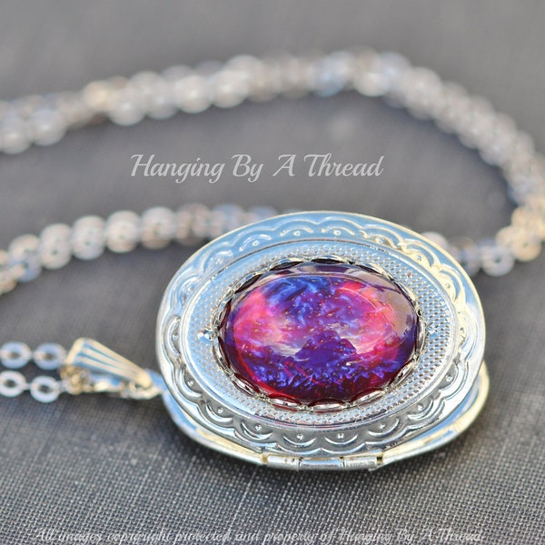 RARE Silver & Dragons Breath Opal Locket Necklace,Rare Vintage Fire Opal Jewelry,Silver Floral Oval Pendant,Keepsake,Womens Jeweled Locket