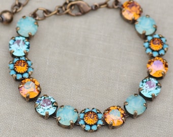 Pacific Blue Opal Turquoise & Tangerine Bracelet,Flower Embellished Swarovski Crystal Bracelet,8mm Tennis Bracelet,Tangerine Orange,Floral