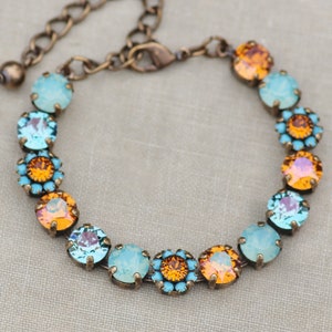 Pacific Blue Opal Turquoise & Tangerine Bracelet,Flower Embellished Swarovski Crystal Bracelet,8mm Tennis Bracelet,Tangerine Orange,Floral