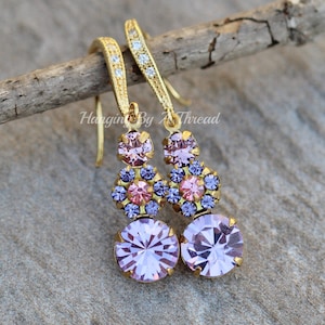 Small Purple Pink Flower Drop Earrings,Triple Crystal Drop,Violet Light Amethyst,Flower Floral,Paved Pave Hook,Dainty,Dangle Drop,Gift