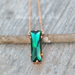 LIMITED Emerald Baguette Pendant Necklace,Emerald Green Rose Gold,Long Vertical Bar Pendant,Layering Necklace,Minimalist,Gift,Holiday