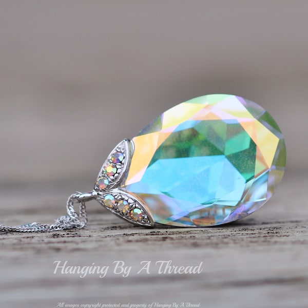 LIMITED Vintage Crystal AB Large Pear Pendant Necklace,Silver Crystal Aurora Borealis Paved Bail,Long Pendant Necklace,Layering,Pastel