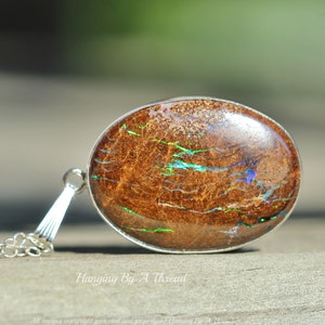 FLASHING Boulder Opal Rough Gemstone Necklace,Genuine Australian Boulder Opal Pendant,Large Opal Necklace,Sterling Silver,Birthstone,Oval