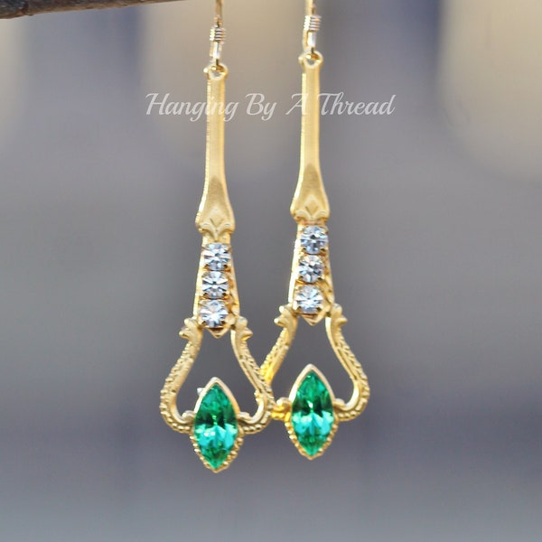 Art Deco Emerald Green Jewel Drop Earrings,Green Marquise Jewel Earring,Gold Drop Earrings,Bridal,Weddings,Long,Elegant,Filigree