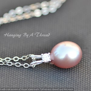 GORGEOUS Natural Mauve Pearl Pendant Necklace,Large Oval Pearl Pendant,Sterling Silver Cubic Bail,Bridal,June Birthstone,Pink Blush