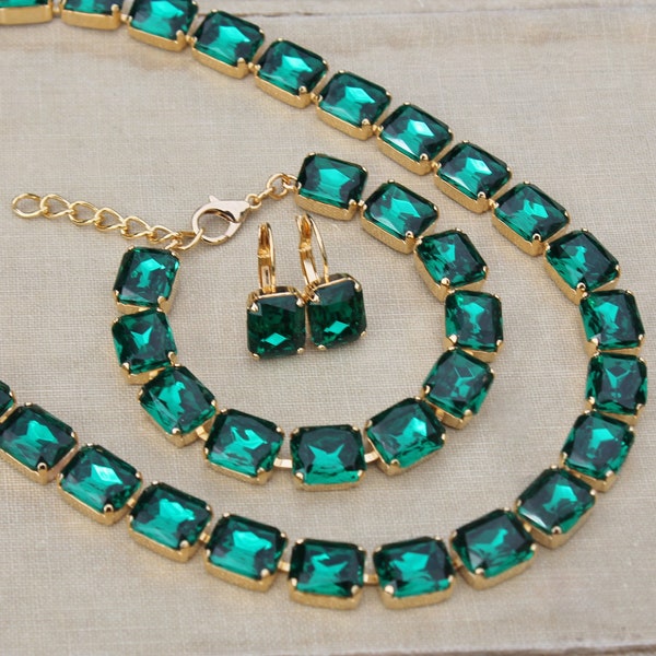 NEW Swarovski Emerald Green Octagon Tennis Set,Matching Necklace,Bracelet & Earring Set,Emerald Green,Rectangle,Emerald Cut Jewel,Gold,Bride