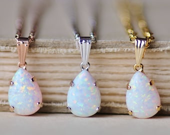 NEW Sky Blue Or White Opal Pendant Necklace,Small Pear Teardrop,Genuine Opal Gemstone,October Birthstone,Rose Gold,Gold,Silver,Layering,Gift