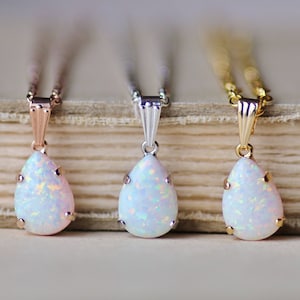 NEW Sky Blue Or White Opal Pendant Necklace,Small Pear Teardrop,Genuine Opal Gemstone,October Birthstone,Rose Gold,Gold,Silver,Layering,Gift