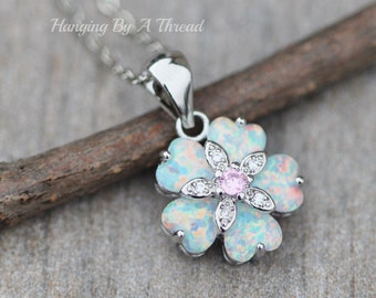 NEW White Opal Flower Pendant Necklace,Silver White Rainbow Lab Created Opal,Floral Flower Pendant Necklace,October Birthstone,Unique,Gift