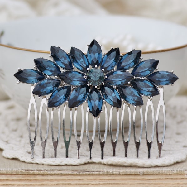 1920s Art Deco Navy Sapphire Blue Rhinestone Hair Comb,Marquise Navette,Silver Large Brooch Hair Comb,Crystal Pave Bridal Comb,Headpiece