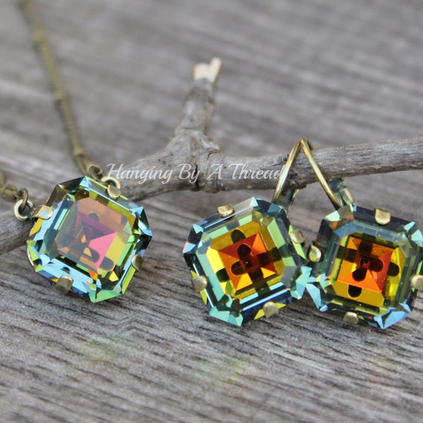 RARE Vintage Swarovski Vitrail Medium Necklace & Earring Set,Dark Rainbow Jewel,Square Cut Rhinestone Pendant Necklace,Lever Back,Gift,Brass