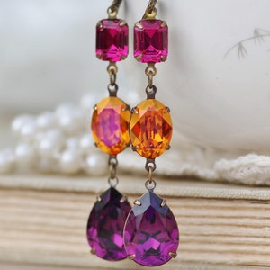 NEW Astral Pink Amethyst Fuchsia Long Drop Earring,Dangle Swarovski Rhinestone Earring,Statement,Colorful,Pink Purple,Crystal Dangle,Formal