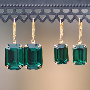 CHOOSE Size Emerald Green Octagon Crystal Earrings,Crystal Rhinestone,Emerald Green Drop Dangle,Gold Lever Back,Emerald Cut Jewel,Rectangle