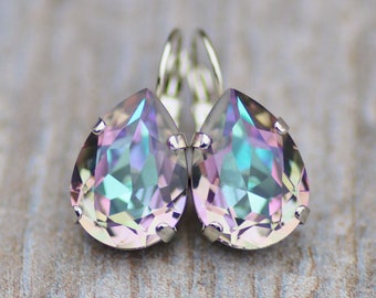 LIMITED STOCK Vitrail Light Large Pear Drop Earrings,Pastel Rainbow Earrings,Pear Teardrop,Violet Purple Rainbow,Silver Dangle,Swarovski