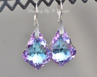 LIMITED Swarovski Large Baroque Vitrail Light Rhinestone Drop,Sterling Silver Large Crystal Earring,Leverback Swarovski Crystal,Purple